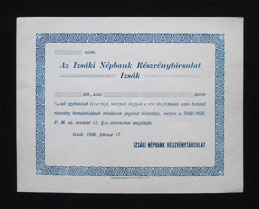 Izsáki Népbank Rt. 1/20 részvény 1926 Izsák